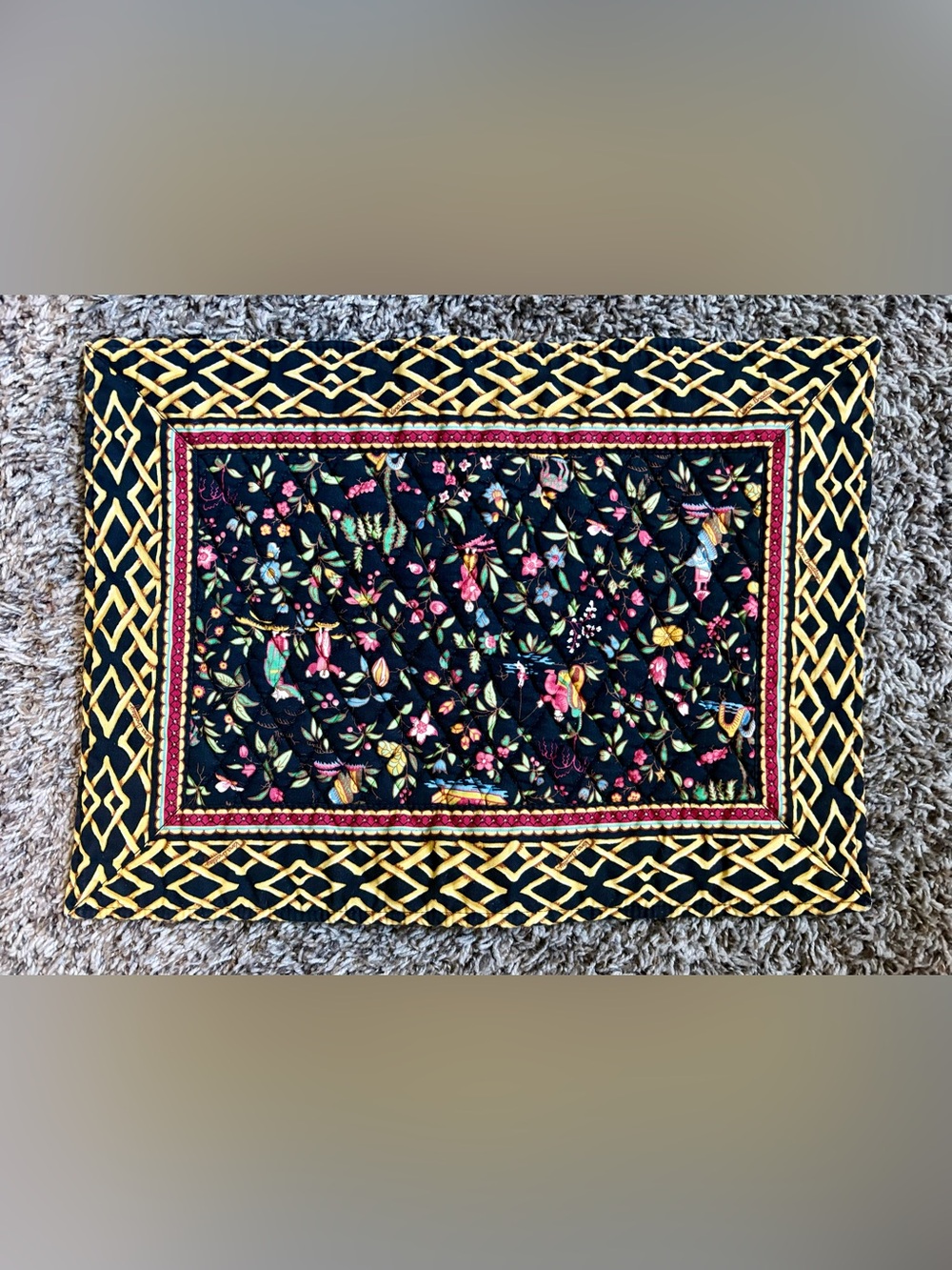 Vera Bradley Black Quilted Floral Door Mat with Gold Lattice Border